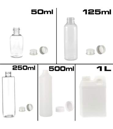 Plastic bottles and cans from 50ml to 1 liter